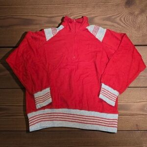 Vintage 80s Red Gray Striped Quarter-Zip Pullover Sweatshirt Raglan Sleeve Retro